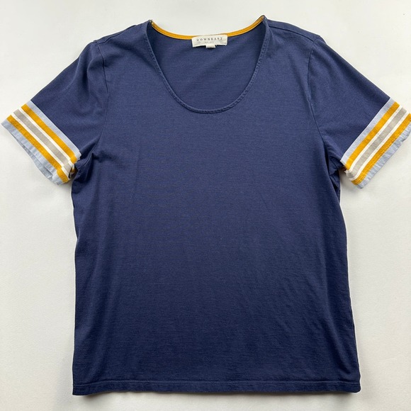 DownEast Blue & Yellow Collegiate Scoopneck Tee Sz Medium Striped Cuffs Preppy - Picture 1 of 5